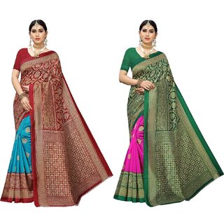                       SVB Saree Green  And Red Colour Mysore Silk Saree pack of 2                                              