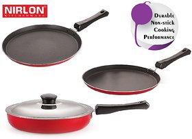 Nirlon Non-Stick Aluminium Cookware Set, 3-Pieces, Red & Black