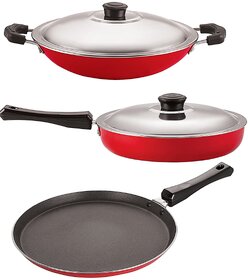 Nirlon Non-Stick Coating Fry Pan, Appachatti with Lid and Flat Tawa Combo Set