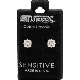                       Studex Sensitive Gold Plated 5X5MM Cubic Zirconia Princess Cut Ear Studs                                              