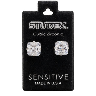                       Studex Sensitive Stainless Steel Tiffany 8X8MM Cubic Zirconia Princess Cut Ear Studs                                              