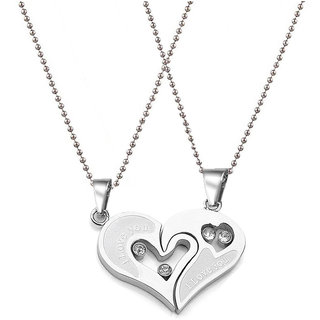                       Sullery Valentine Day Gift Broken Heart 2pc Couple Locket Silver Stainless Steel  Necklace Chain                                              
