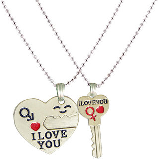                       Sullery Valentine Day Gift Heart Lock And Key 2pc Couple Locket Silver Zinc, Metal  Necklace Chain                                              
