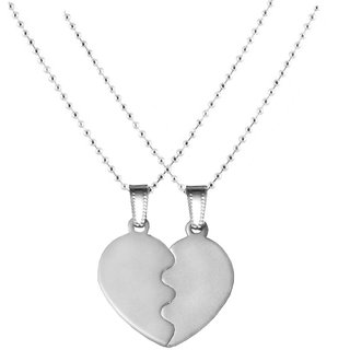                       Sullery Valentine Day Gift Broken Heart 2pc Couple Locket Silver Zinc, Metal  Necklace Chain                                              