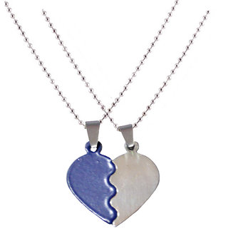                       Sullery Valentine Day Gift Broken Heart 2pc Couple Locket Blue And Silver Metal  Necklace Chain                                              