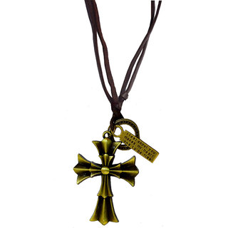                       Sullery Vintage Style Jesus Crucifixion CELTIC Double Cross Brown Bronze, Leather Necklace Chain                                              