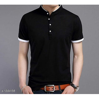 Solid Men Mandarin Collar White, Black T Shirt T Shirts