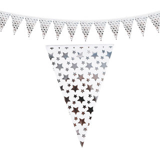                       Hippity Hop Paper Triangle silver star printed  Flag Party  Decorations Paper Pennant Banner (white  silver)                                              