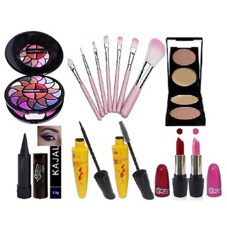                       Swipa makeup kit(8188)  Combo set(7 pcs brush,eyeliner,mascara,kajal,2 in 1 compact, pink  red lipsticks(SDL210063)                                              