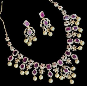 Beautiful Pink Emerald Cut Gems Adorned Necklace Set