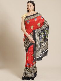 Meia Red And Black Floral Printed Mysore Silk Saree