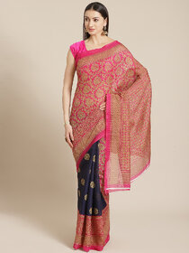 Meia Pink And Dark Blue Mysore Silk Printed Saree