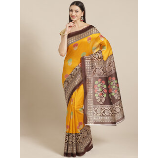 Meia Yellow And Maroon Floral Printed Mysore Silk Saree