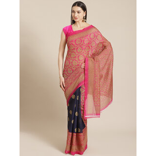                       Meia Pink And Dark Blue Mysore Silk Printed Saree                                              