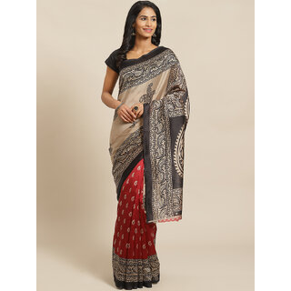                       Meia Red  And Khaki Mysore Silk Saree                                              