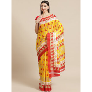                       Meia Yellow And Red Polka Dot Printed Saree                                              