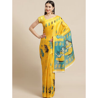                       Meia Yellow and Green Animal Printed Saree                                              