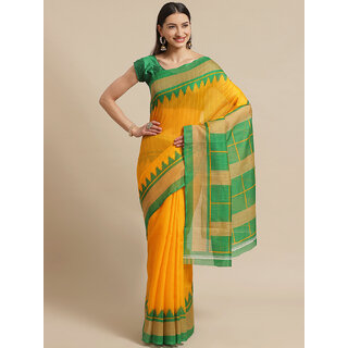                       Meia Yellow And Green Printed saree                                              