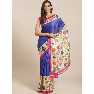                       Meia Blue  And White Floral Print Saree                                              