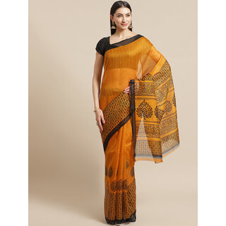                       Meia Mustard And Black Print saree                                              