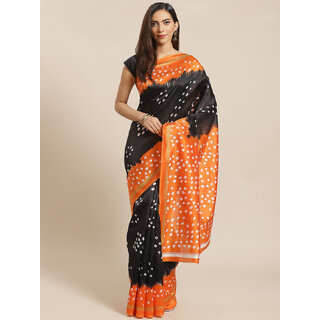                       Meia Orange And Black Bandhani Print Saree                                              
