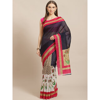                       Meia Navy Blue And Pink  Flower Print Saree                                              