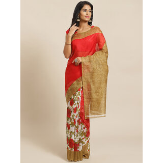                       Meia Red and White Floral Print Saree                                              