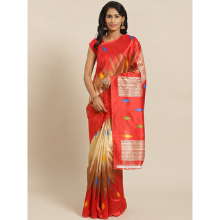                       Meia Red and Chicku Bhagalpuri Printed Saree                                              