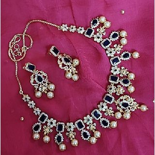 Navy Blue Emerald Cut Gems Adorned Necklace Set
