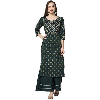                       Sharda Creation Green Colour Solid  Party Wear Foil Print  Kurtis With Plazzo                                              