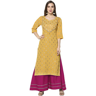                       Sharda Creation Yellow & Pink  Party Wear Foil Print  Kurtis With Plazzo                                              