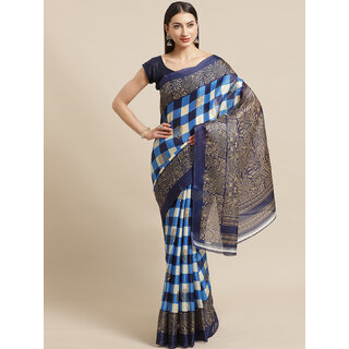                       Meia Dark Blue Checked Woven Design Printed Saree                                              