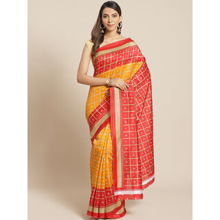                       Meia Yellow And Red Checks Print Saree                                              