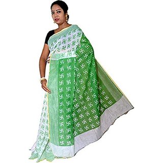                       Urantex Women's Soft Swastik Printed Handloom Cotton Linen Blend, Cotton Blend, Poly Silk Saree (Green, White)                                              