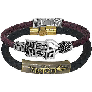                       Sullery Religious Lord Shiv Mahadev Om Trishul Arm Cuff Combo Set Silver,Brown And Black Bracelet                                              
