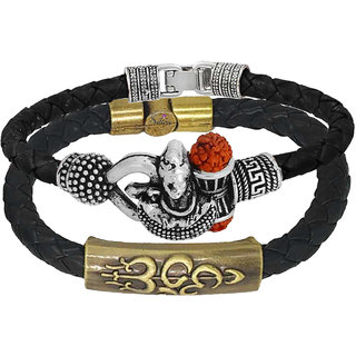                       Sullery Religious Lord Shiv Mahadev Om Trishul Arm Cuff Combo Set Silver And Black Bracelet                                              