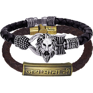                       Sullery Religious Loin Head And Jai Mataji Arm Cuff Combo Set Silver, Black And Brown Bracelet                                              