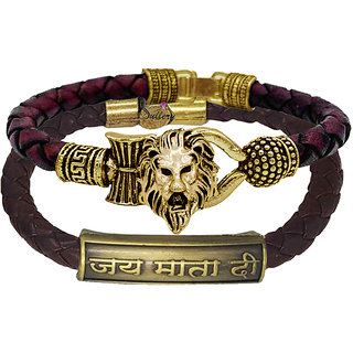                       Sullery Religious Loin Head And Jai Mataji Arm Cuff Combo Set Silver And Brown Bracelet                                              