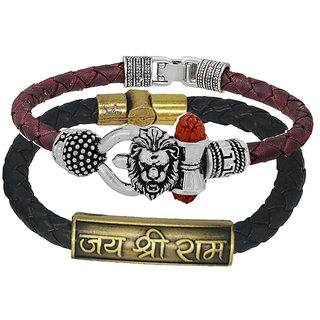                       Sullery Religious Loin Head And Jai Shree Ram Arm Cuff Combo Set Silver, Brown And Balck Bracelet                                              
