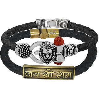                       Sullery Religious Loin Head And Jai Shree Ram Arm Cuff Combo Set Silver And Black Bracelet                                              