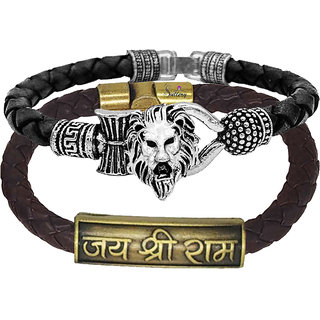                       Sullery Religious Loin Head And Jai Shree Ram Arm Cuff Combo Set Silver And Brown Bracelet                                              