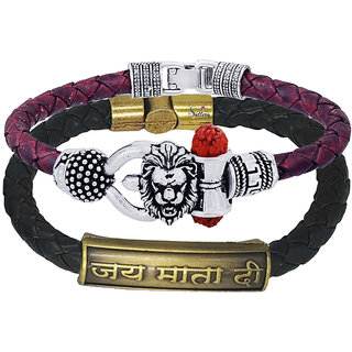                      Sullery Religious Loin Head And Jai Mataji Arm Cuff Combo Set Silver, Brown And Black Bracelet                                              