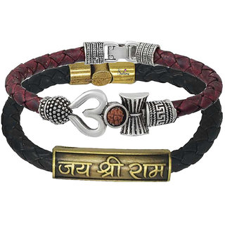                       Sullery Religious Trishul Damaru And Jai Shree Ram Cuff Combo Set Silver,Brown And Black Bracelet                                              