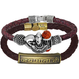                       Sullery Religious Lord Shiv Shankar And Jai Mataji Arm Cuff Combo Set Silver And Brown Bracelet                                              