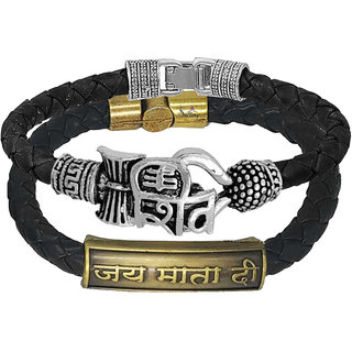                       Sullery Religious Shiv Trishul And Jai Mataji Arm Cuff Combo Set Silver And Black Bracelet                                              
