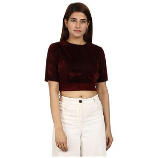 Thrill Women's Maroon Velvet Readymade Half Sleeves Without Pad Blouse
