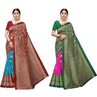                       Sharda Creation Green  And Red Colour Mysore Silk Saree pack of 2                                              