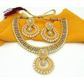                       Two Line Stone Pearl Polki Necklace Set                                              