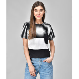                       Raabta Black  White Stripe Tri Pocket T-Shirt                                              