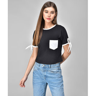                       Raabta Black Tee With White Pipping  Sleeve Knot                                              
